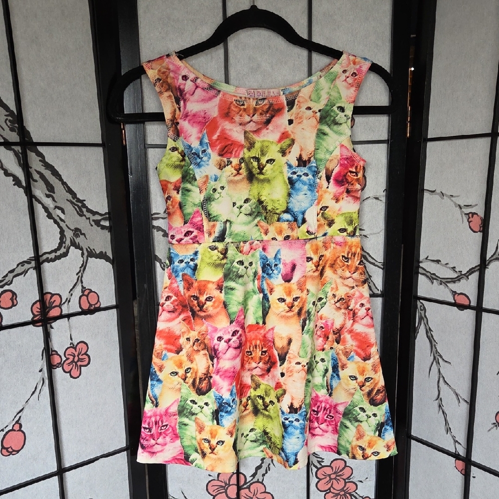 Vibrant Rainbow Cat Print Sleeveless Kids Dress 28" Chest